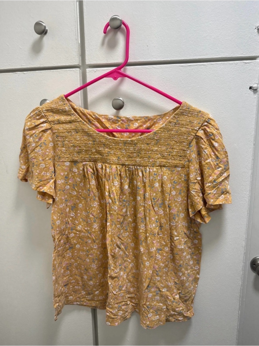 Women's Mustard Floral Smocked Yoke Blouse